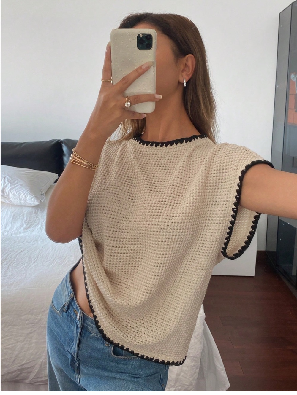 Siren Gaze Cream Knit Short-Sleeve Top with Black Trim
